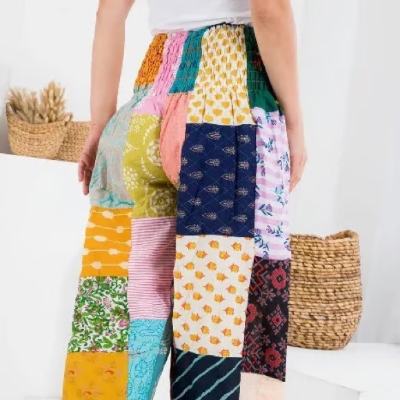 Ashley Taylor Patchwork Smocked-Waist Hippie Boho Pants Harem Cotton One Size - Picture 2 of 7